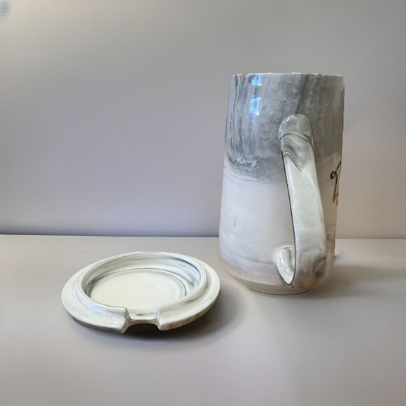'Mens" Coffee Grey Swirl Ceramic Mug With cover And Gold Colored, HandMade !!! - Picture 6 of 16